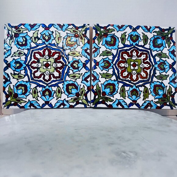 Cedolesa Made In Spain 2 Ceramic Tiles Hand-painted Geometric Mid 20th Century 8 - Picture 1 of 5